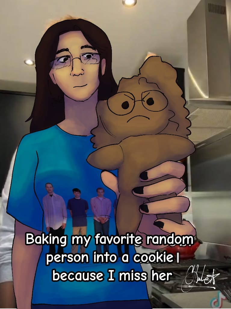 A self portrait of the artist, holding a cookie shaped as someone they are romantically interested in.