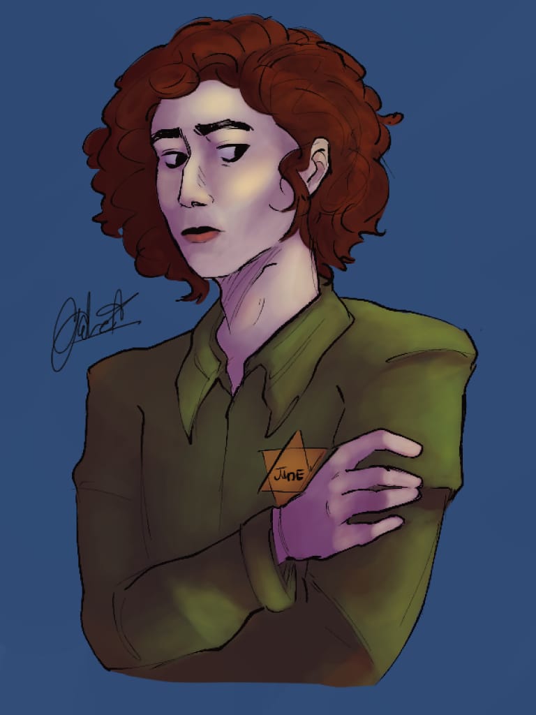 A drawing of Kyle, from the show 'South Park'. He is aged up, and placed during WW2.