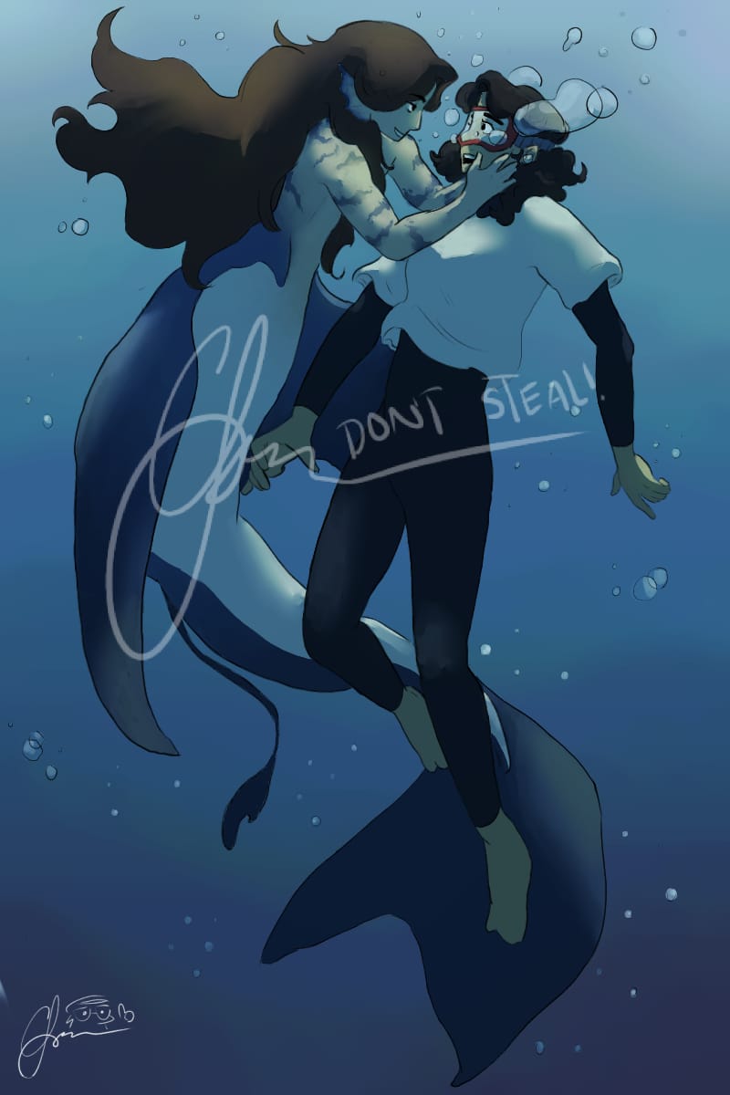 A drawing of a mermaid saving a marine biologist from drowning underwater.